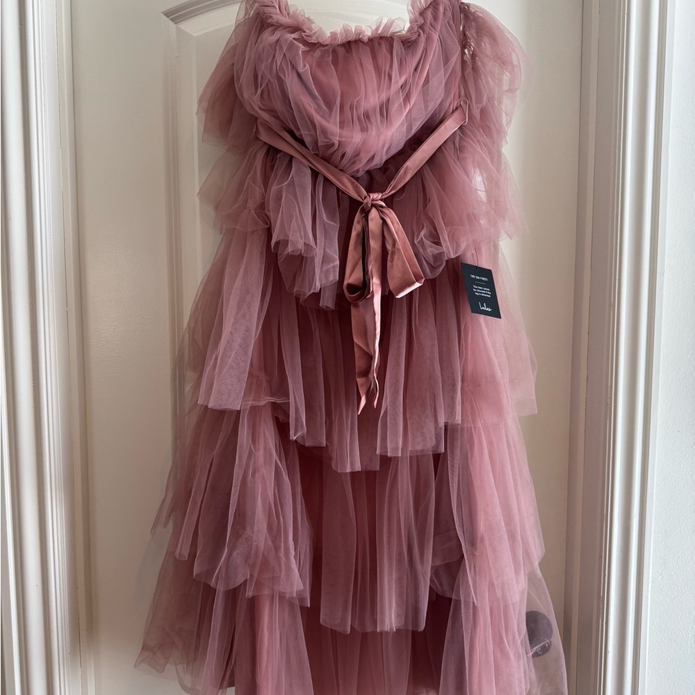 Lulu's Pink Tiered Ruffled Spaghetti Strap Gown
